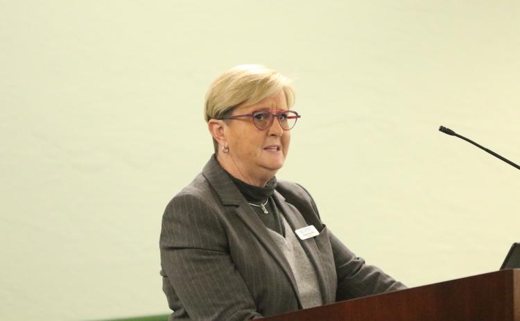 Christy Noe, the president and CEO of Collaborative Educational Network, provided the Florida Gateway College Board of Trustees with an update on the application for its proposed charter school on Thursday, which raised questions. (JAMIE WACHTER/Lake City Reporter)