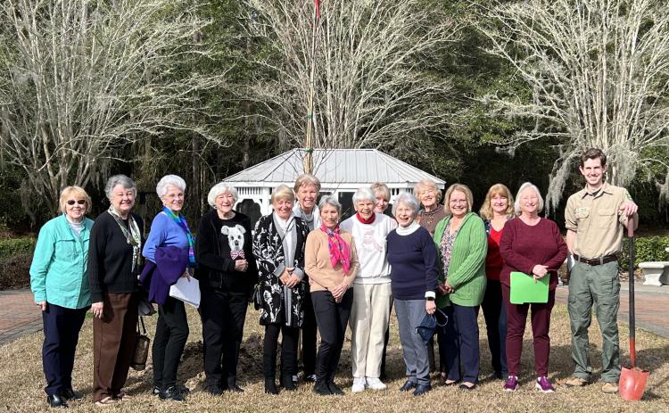 Lake City Garden Club members Kathy Smith (from left), Bonnie Taylor, Martha Ann Ronsonet, Jan Wheeler, Carol Stevens, Dorothy Colvin, Nora Riley, Arline Craft, Sandra Foreman, Carole Robertson, Carole Brown, Diane Feagle, Julie Schwartz and President Cheryl Libbert attended a 100th Arbor Day anniversary celebration Friday with Columbia County Forester Pierce Tolar at the Suwannee Valley Care Center. (COURTESY)