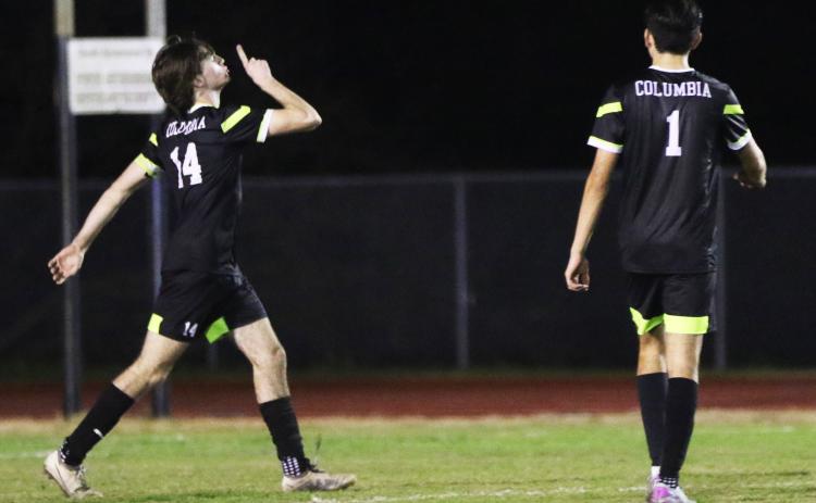Columbia midfielder Bobby Shotwell shushes Middleburg after scoring a penalty kick during Thursday's District 2-5A quarterfinal. (JORDAN KROEGER/Lake City Reporter)