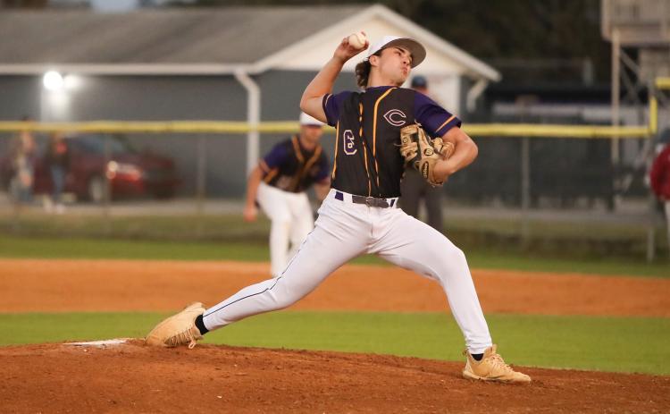 Columbia pitcher Grant Bowers winds up to pitch against North Marion on Tuesday night. (BRENT KUYKENDALL/Lake City Reporter)