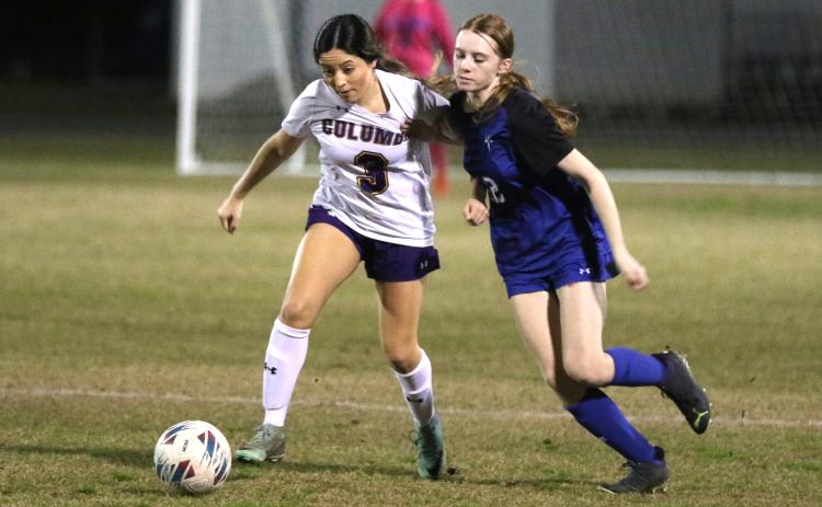 Columbia's Ashlie Caballero battles with Clay's Sarah Cochrane during the District 2-5A semifinals on Jan. 26. (MORGAN MCMULLEN/Lake City Reporter)