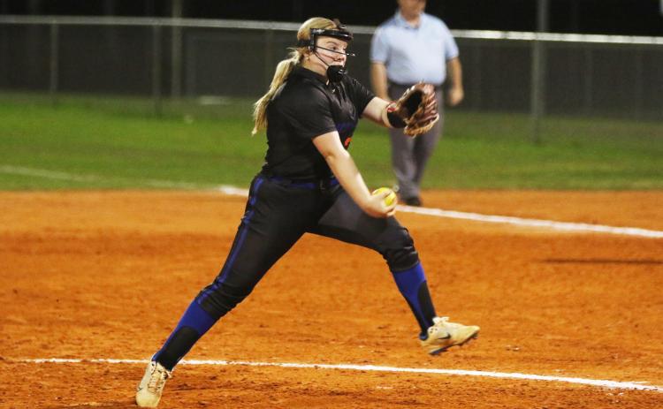 Branford’s Laila Arnold winds up for a pitch during Tuesday’s 1-0 win over Columbia. Arnold struck out eight Tigers on her way to a complete-game shutout. (MORGAN MCMULLEN/Lake City Reporter)