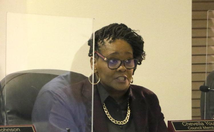 Councilwoman Chevella Young speaks during Monday’s meeting. (MORGAN MCMULLEN/Lake City Reporter)