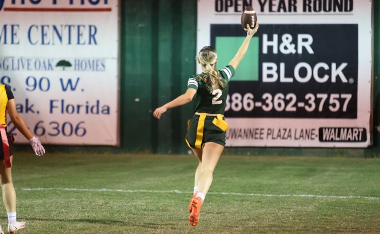 Suwannee receiver Hannah Humphries celebrates running into the end zone as she scores the go-ahead touchdown against Columbia on Tuesday. (PAUL BUCHANAN/Special to the Reporter)