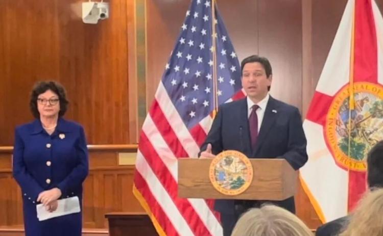 Gov. Ron DeSantis discusses the 2024 legislative session budget as Senate President Kathleen Passidomo listens Friday. (NEWS SERVICE OF FLORIDA)
