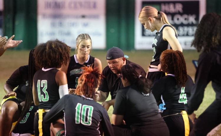 Suwannee coach Jacob Pitts talks to his team during the District 3-1A championship against Columbia on April 10. (PAUL BUCHANAN/Special to the Reporter)