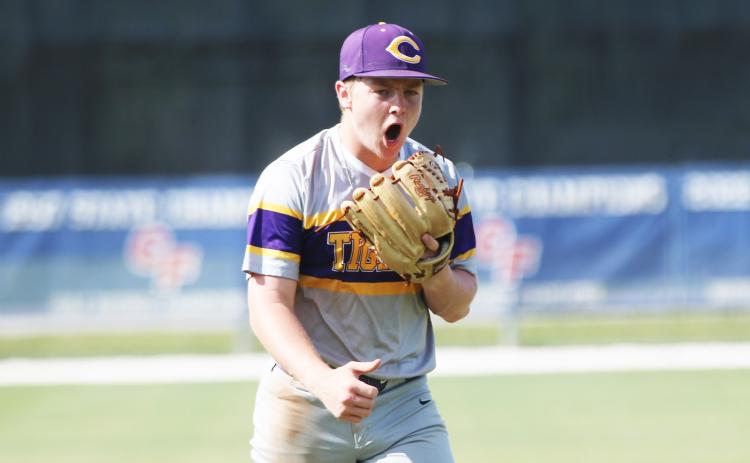 Columbia pitcher Trayce McKenzie celebrates walking off the mound after striking out the side in the third inning of Tuesday’s game against The Villages Charter. (JORDAN KROEGER/Lake City Reporter)