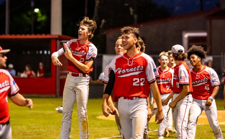 Lafayette's baseball team celebrates after defeating Madison County on a walk-off balk in Tuesday's Region 3-1A semifinal.
