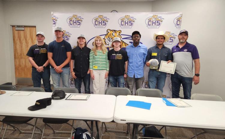 Columbia High welding students Richard Tyre (from left), Brett Jones, Chris Bolsten, Lane Milton, Benjamin Robinson and Amilcar Chavez received full scholarships to Big Bend Technical College. Pictured with them are Shelbi McCall (middle) from Big Bend Technical College and CHS welding instructor Darryl Thomas (right). (COURTESY)