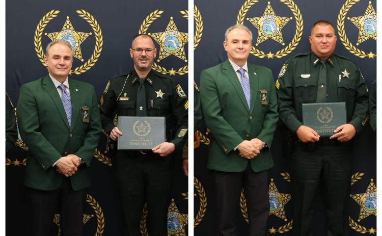 Columbia County Sheriff's Office Sgt. Steven Khachigan (left photo, right) and Suwannee County Sheriff's Office Sgt. Wayne Kelly (right photo, right) were part of the 15th graduating class of the Florida Sheriff's Association Commanders Academy. Both are pictured with FSA Executive Director Steve Casey. (COURTESY)