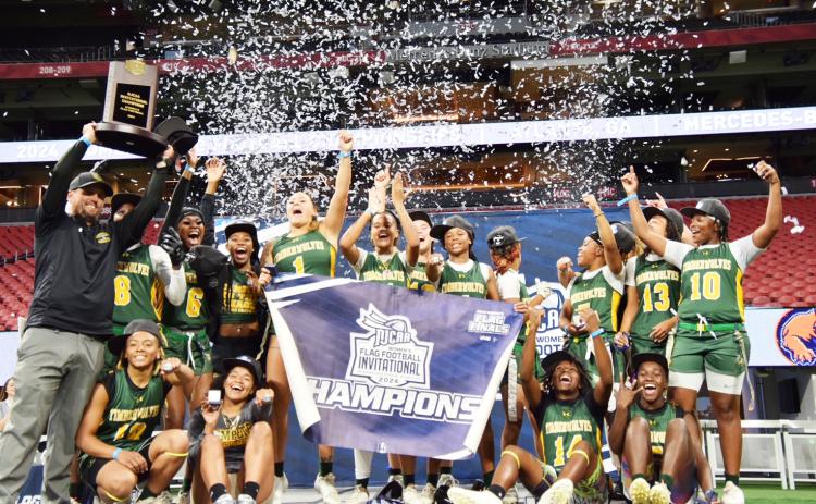 FGC's flag football team celebrates after defeating Hesston College to win back-to-back NJCAA national titles. (COURTESY OF FGC)