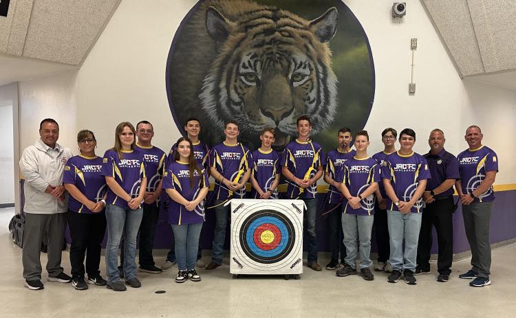 CHS Assistant Principal Mike Paphides (from left) and First Sergeant Trena Dettmer (Army Instructor), pose with Cadet Charli Lanfair (Team Captain), Cadet Kamden Spaziani, Cadet Ashley Mitchell, Cadet Chase Peisel, Cadet Justin Cranford, Cadet Timothy Bird, Cadet Wyatt Santos, Cadet Sigel Delsasso, Cadet Dakota Beichner, Cadet Elijah Deese, Cadet Caden Vreatt, CHS Principal Trey Hosford and Lieutenant Colonel Austin Akers (Senior Army Instructor). Not pictured is Cadet Joseph Hassett. (COURTESY)