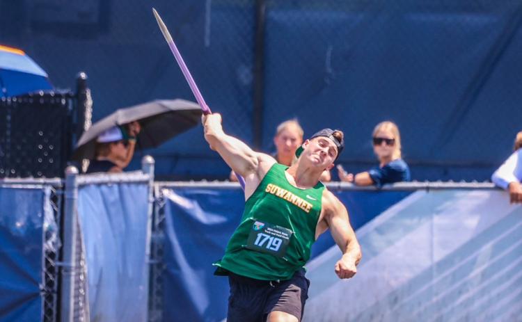 Suwannee’s Will Wainwright throws the javelin during Thursday’s Class 2A state meet. (COURTESY)