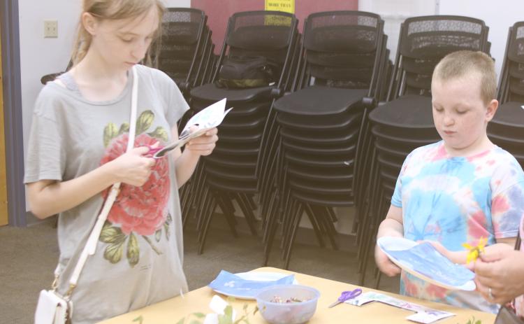 Cassidy Kreider (from left), 18, and Ryan Kreider, 9, work on creating cyanotypes Friday at the Columbia County Public Library. The cyanotype project Friday was the last project for this year’s summer program. (TONY BRITT/Lake City Reporter)
