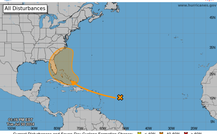 The tropical outlook of a system in the Atlantic as of 2 p.m. Tuesday. The National Hurricane Center increased the odds of the system turning into a tropical storm to 60% on Tuesday. (COURTESY NATIONAL HURRICANE CENTER)