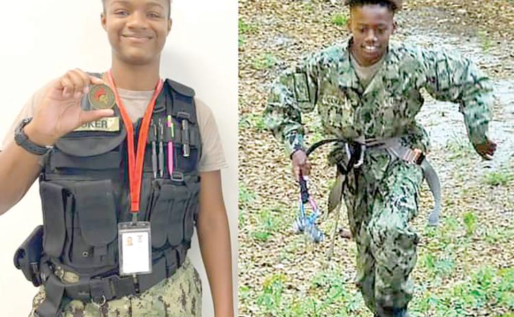 LEFT: Victoria Coker shows off a medal she earned during her training with the Navy Sea Cadets. Coker earned the Honor Cadet designation last month. RIGHT: Michael Coker, running during a training with the Navy Sea Cadets, became the first local member to earn Honor Cadet. (COURTESY PHOTOS)