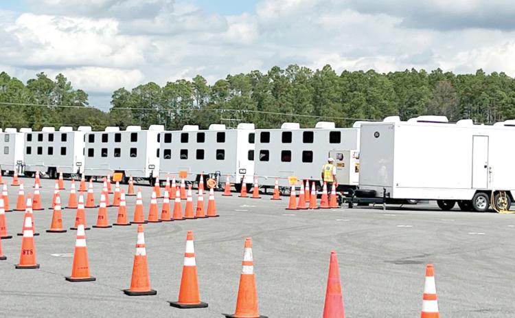 Florida Gateway College’s Olustee campus is housing mobile kitchens, shower facilities and bunks to house more than 900 linemen helping Florida Power & Light restore power in Columbia County and North Florida after Hurricane Helene. (COURTESY FLORIDA GATEWAY COLLEGE)