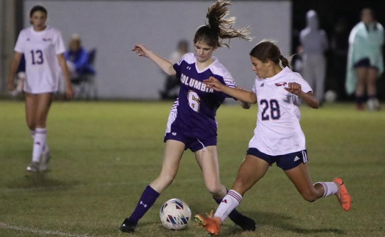 Columbia's Niki Sossie dribbles while defended by Wakulla's Hadley Brown on Thursday night. (BRENT KUYKENDALL/Lake City Reporter)