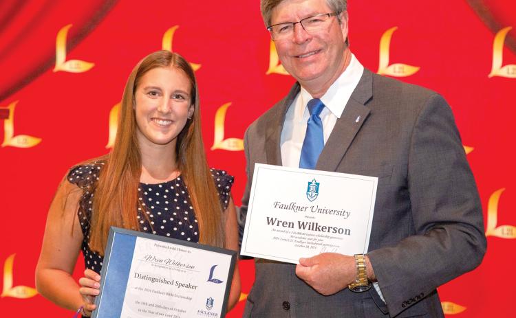 Branford High’s Wren Wilkerson was awarded a $16,000 annual scholarship from Faulkner University President Mitch Henry for her performance in the Zon/Lads to Leaders public speaking contest. (COURTESY)
