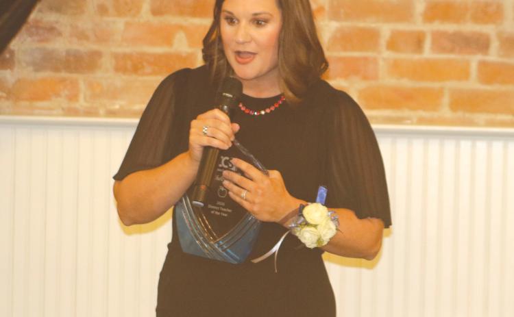 Westside Elementary School’s Shelly Teel speaks to the crowd after winning the Columbia County Teacher of the Year award. (TONY BRITT/Lake City Reporter)