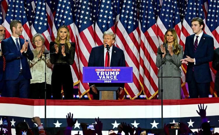 Former US President and Republican presidential candidate Donald Trump speaks during an election night event at the West Palm Beach Convention Center in West Palm Beach. Donald Trump claimed victory and pledged to “heal” the country. (JIM WATSON/AFP/Getty Images)