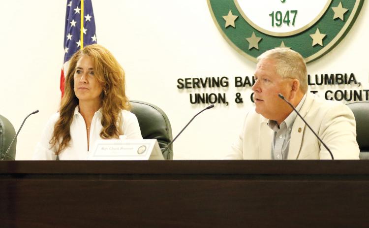 Sen. Jennifer Bradley and Rep. Chuck Brannan listen during last year’s Columbia County legislative delegation hearing at Florida Gateway College. the hearing for the upcoming Legislative session is set for Wednesday, Jan. 8. (FILE)