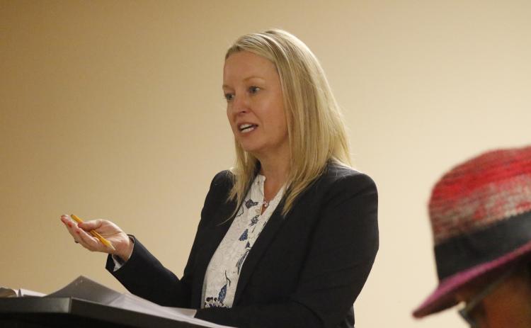 Anita Rembert, the CEO of Palms Medical Group, talks with the Lake Shore Hospital Authority board Monday about Palms’ proposal to operate an Authority-owned primary care clinic. (JAMIE WACHTER/Lake City Reporter)