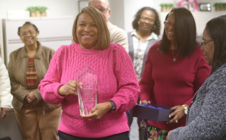 Pinky Timmons was honored Tuesday for her 40 years of working at the Columbia County Property Appraiser’s office. (TONY BRITT/Lake City Reporter)