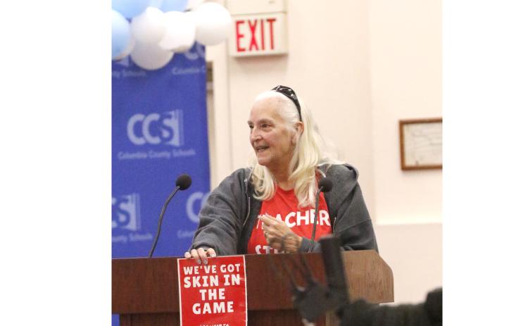 Sally Sluder, an ESE teacher at Columbia City Elementary, said the school district should listen when the teachers talk about their ‘skin in the game.’ (JAMIE WACHTER/Lake City Reporter)