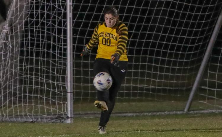Columbia goalkeeper Sadie Sparks kicks the ball back into play against Eastside on Nov. 19, 2024. (BRENT KUYKENDALL/Lake City Reporter)