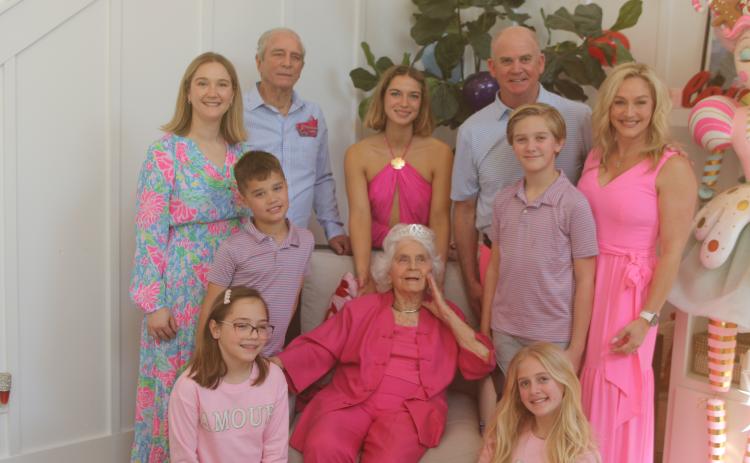 Helena Powers celebrated her 109th birthday this weekend with a party with friends and family. Pictured with Powers during the celebration are Madeleine Johnson (bottom row, from left) and Claire Walsh; Everett Johnson (middle row, from left), Powers, Carson Powers and Allison Powers; and Jessica Johnson (back row, from  left), Frank Powers, Aspen Powers and John Walsh. (TONY BRITT/Lake City Reporter)