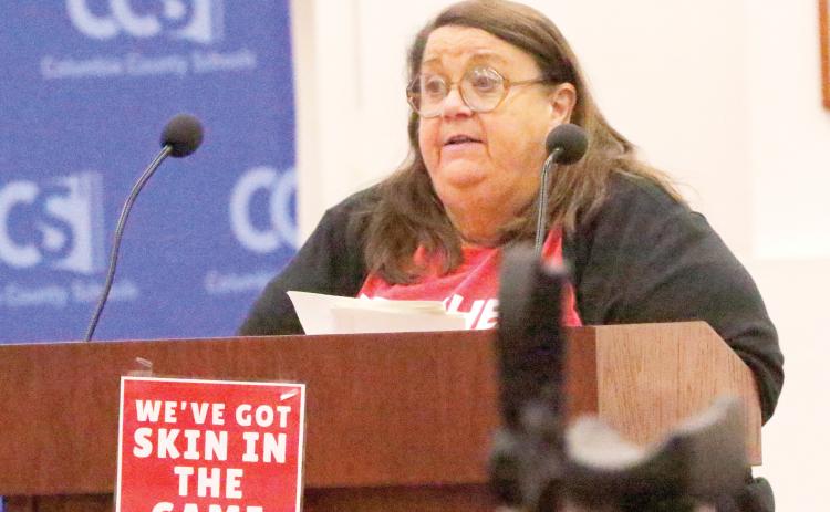 Jenee’ DeLaney, the president of the Columbia Teachers Association, speaks during a previous Columbia School Board meeting regarding raises for area teachers.
