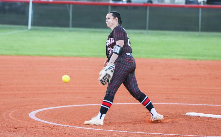 Fort White pitcher Kadence Compton unloads a pitch against Columbia on Monday night. (BRENT KUYKENDALL/Lake City Reporter)
