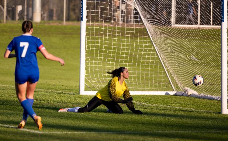 Lafayette goalkeeper Mya Pilkington watches one of P.K. Yonge's eight goals go into the net during the Region 1-2A quarterfinals on Tuesday. (JACK HOWDESHELL/Lake City Reporter)