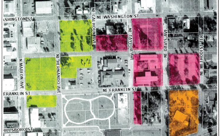 A map that indicates which Lake Shore Hospital Authority properties would go to Florida Gateway College (orange) Columbia County (pink) or remain vacant and unclaimed (yellow). (COURTESY)