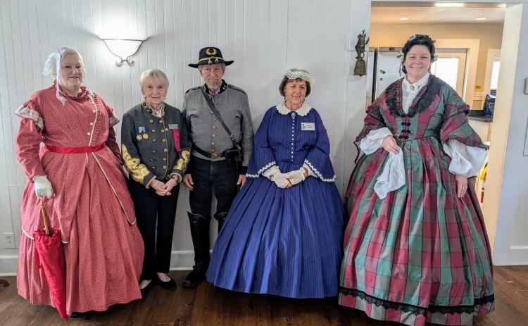 Members of the Blue Grey Army visited with the Lake City Friendship Club in advance of this past weekend’s Olustee Festival. Among the guests were Tizz Crowley (from left), Gen. Faye Bowling Warren, Bud Thayer, Ginny Thayer and Julie Morell. (MARLENE KENNEY/Special to the Reporter)