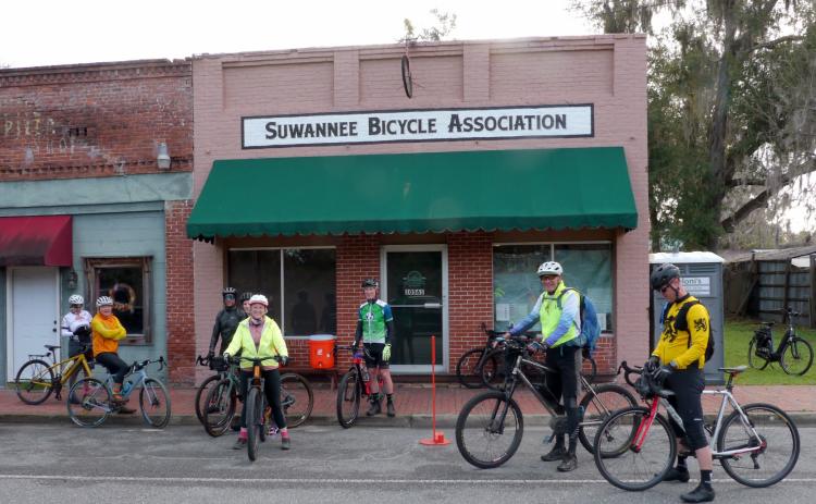 Cyclists congregate outside the Suwannee Bicycle Association headquarters in White Springs ahead of the 2023 Suwannee Sweetheart Cycling Weekend. (COURTESY)