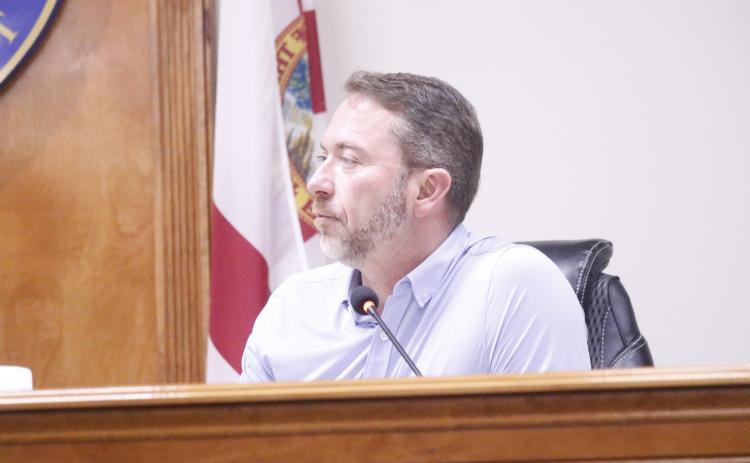 Rep. Jason Shoaf, listening during the Suwannee County legislative delegation hearing in February, has sponsored 12 projects worth $15.882 million for appropriations in Suwannee, Hamilton and Lafayette counties. (FILE)