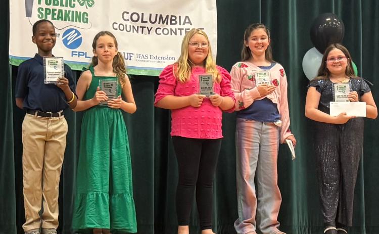 Fourth-grade winners in the Florida 4-H Public Speaking County Contest were Leo Lisius (from left), Violet Beamsley, Lexi Huffman, Charlie Stermer and Evalinah Miller. (COURTESY)