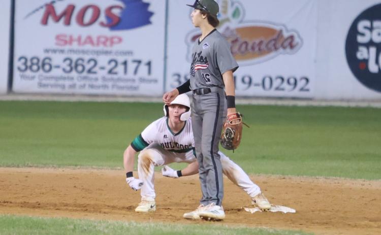 Suwannee catcher Grayson Bonds celebrates on second base after hitting a double against Chiles on Tuesday. (PAUL BUCHANAN/Lake City Reporter)