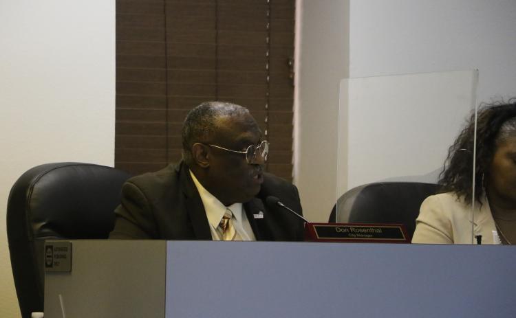 Lake City Manager Don Rosenthal speaks during Monday’s meeting after earlier having to be restrained from confronting Sylvester Warren. (MORGAN MCMULLEN/Lake City Reporter)