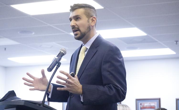 Andrew Kalel, a government affairs consultant at Sunrise Consulting Group, speaks to the Lake City Council about becoming the city’s state lobbyist. (JAMIE WACHTER/Lake City Reporter)
