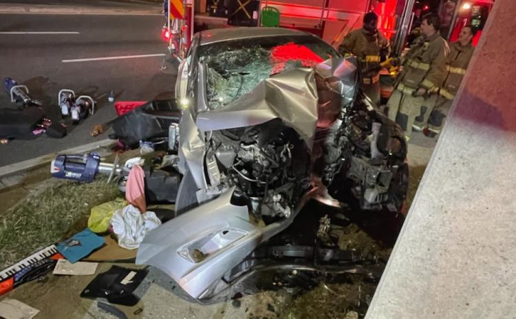 A woman was seriously injured early Saturday morning when her car slammed into a utility pole near the intersection of U.S. Highway 90 and SW Commerce Drive. (COURTESY LAKE CITY FIRE DEPARTMENT)