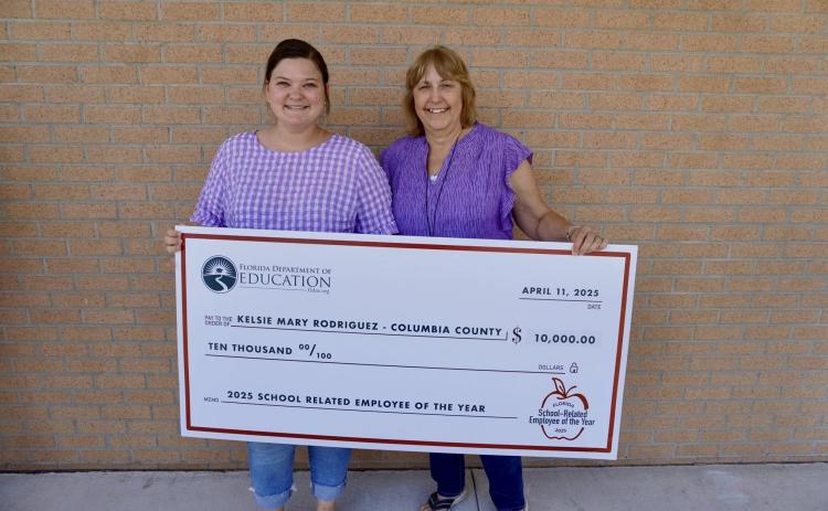 Kelsie Rodriguez, the pre-kindergarten paraprofessional at Summers Elementary, was named the state’s School-Related Employee of the Year on Thursday, the first Columbia County School District employee to win the prestigious honor. Rodriguez (left) is pictured with Summers VPK teacher Karen McDonald. (COURTESY)