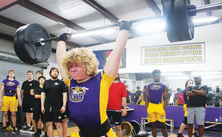 Columbia lifter Garret Shipley finishes his clean and jerk during a meet in 2024. (FILE)