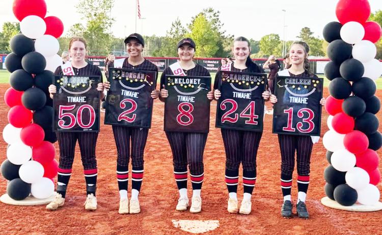 Fort White seniors Hannah LeBleu (from left), Morgan Kelly, Meloney Heagles, Kadence Compton and Carleen Torres were honored on Senior Night prior to Tuesday’s 11-0 win over Chiefland. (COURTESY)