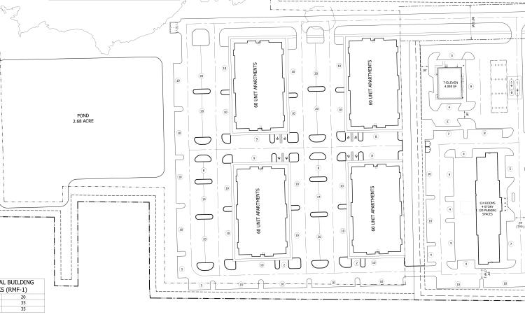 A conceptual plan for the development on 11th Street SW in Live Oak shows a hotel and gas station along the street with four apartment buildings behind it. (COURTESY)