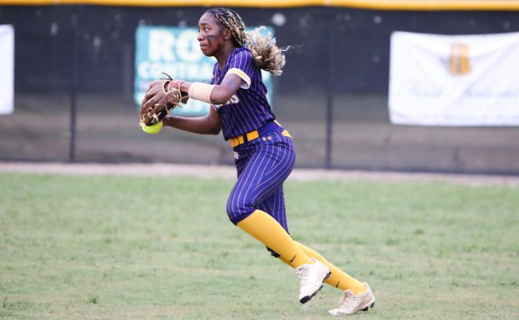 Columbia right fielder Brooklynn White turns to throw the ball back to the infield after a Baker County base hit during the District 3-4A championship on May 1. (BRENT KUYKENDALL/Lake City Reporter)