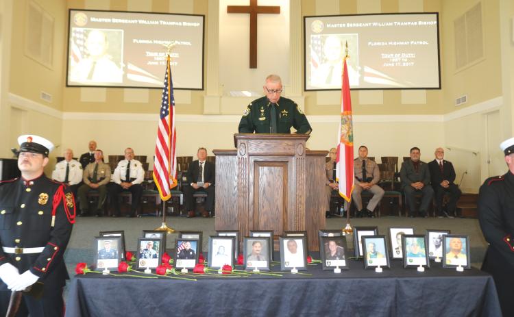 Columbia County Sheriff Wallace Kitchings gives remarks during Tuesday’s ceremony honoring local first responders at the county’s annual Public Safety Memorial. (TONY BRITT/Lake City Reporter)