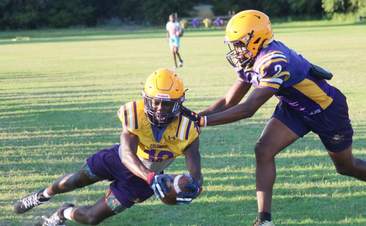Columbia receiver Kyren Caldwell dives into the end zone past defensive back Vondarius Lane during practice on Wednesday. (JORDAN KROEGER/Lake City Reporter)